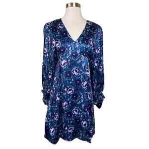 AMUR Dress Steph Crinkle Satin Mini Floral Blue Puff Long Sleeve Cocktail 6 NWT